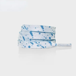 White shoelaces with light blue paint splatter