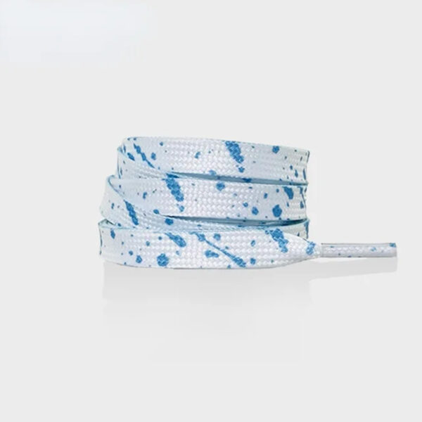 White shoelaces with light blue paint splatter
